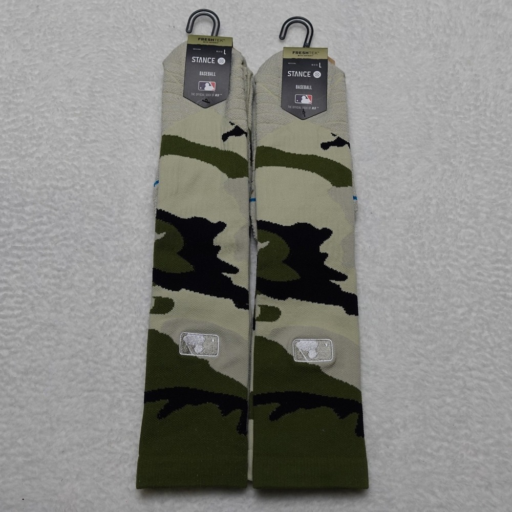SET OF 2 Stance Baseball Socks Mens L Green Camo MLB Armed Forces Day FreshTek
